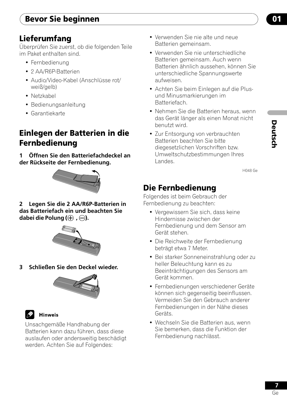 Bevor sie beginnen 01, Lieferumfang, Einlegen der batterien in die fernbedienung | Die fernbedienung | Pioneer DV-550 User Manual | Page 65 / 116