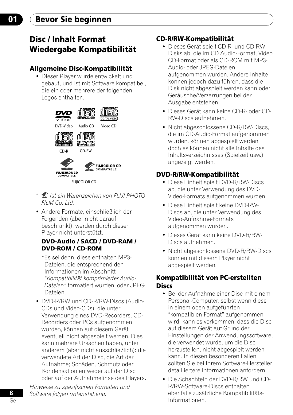 Disc / inhalt format wiedergabe kompatibilität, Bevor sie beginnen 01 | Pioneer DV-550 User Manual | Page 66 / 116