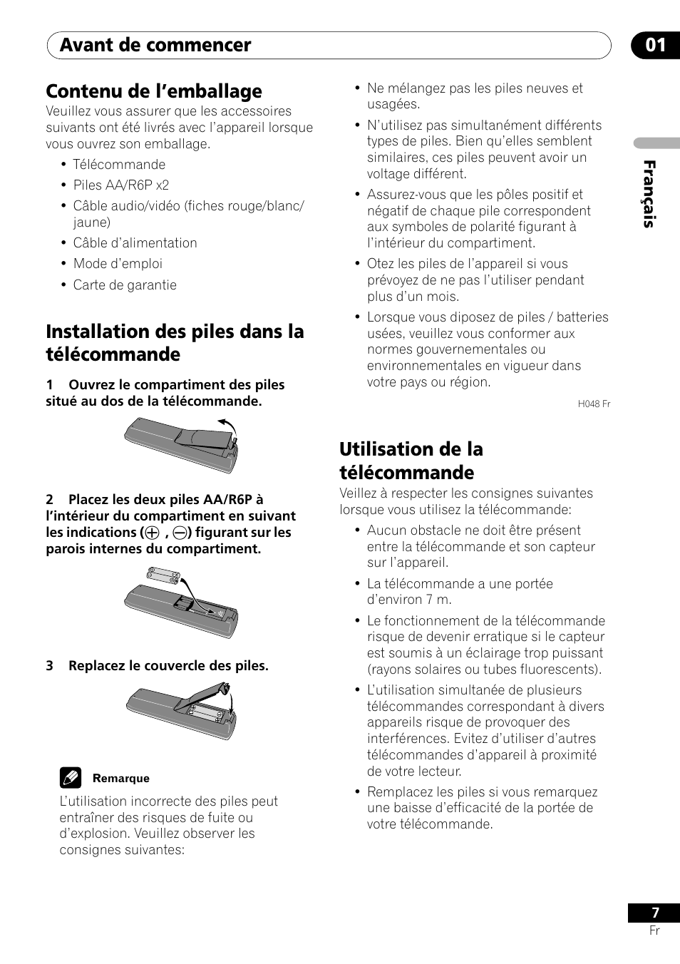 Avant de commencer 01, Contenu de l’emballage, Installation des piles dans la télécommande | Utilisation de la télécommande | Pioneer DV-550 User Manual | Page 7 / 116
