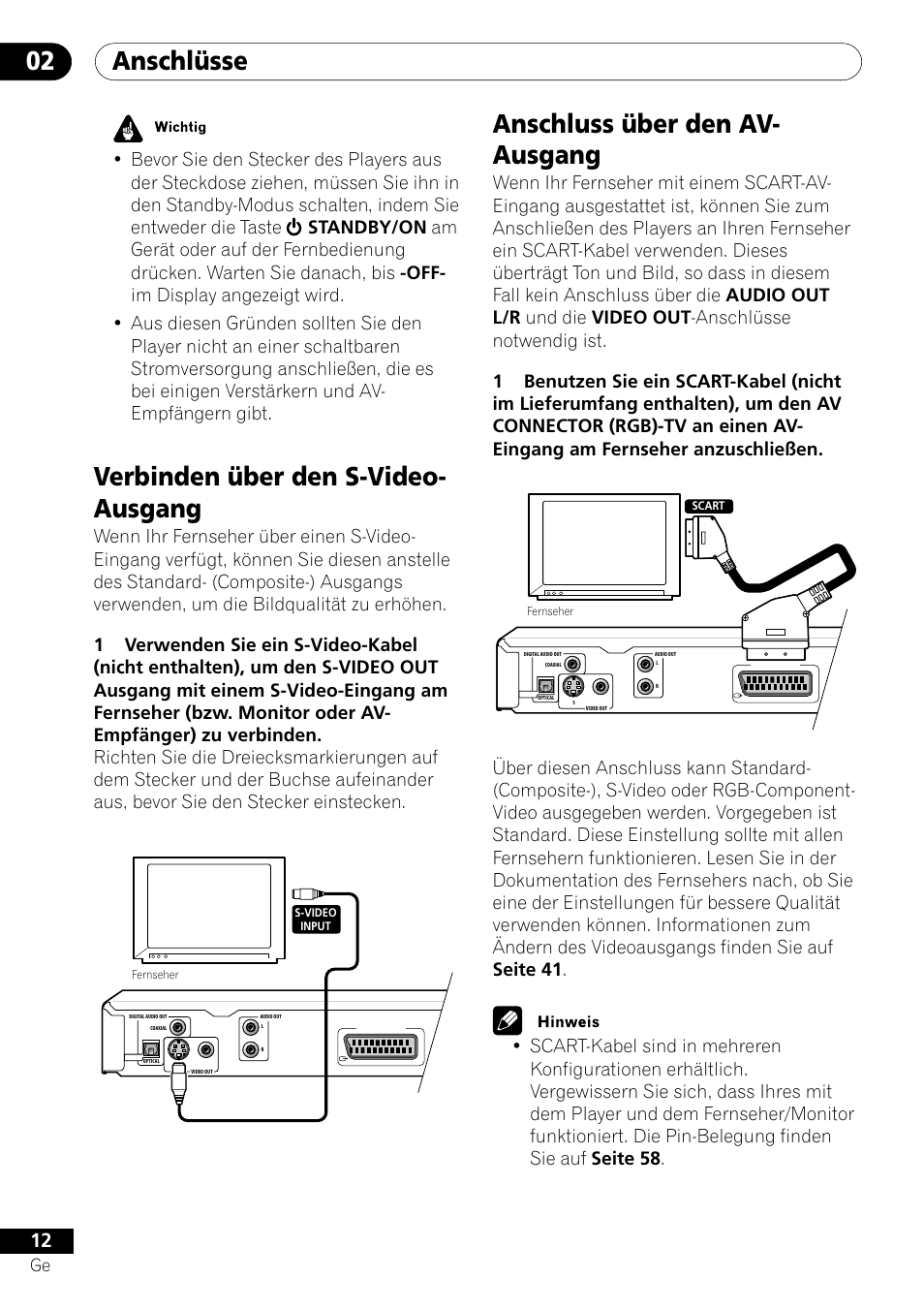 Anschlüsse 02, Verbinden über den s-video- ausgang, Anschluss über den av- ausgang | Pioneer DV-550 User Manual | Page 70 / 116