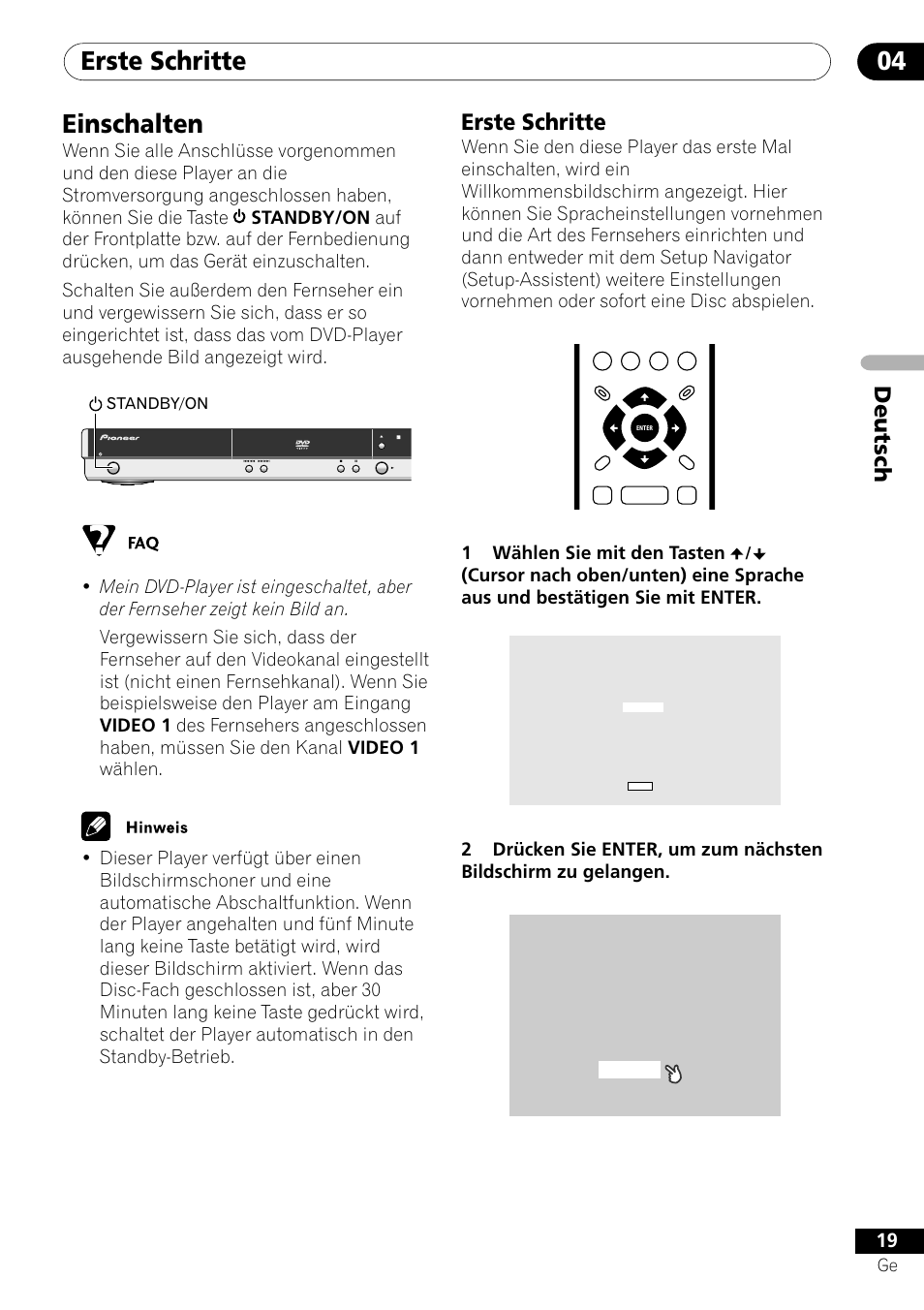Einschalten, Erste schritte, Erste schritte 04 | Deutsch, 1wählen sie mit den tasten | Pioneer DV-550 User Manual | Page 77 / 116