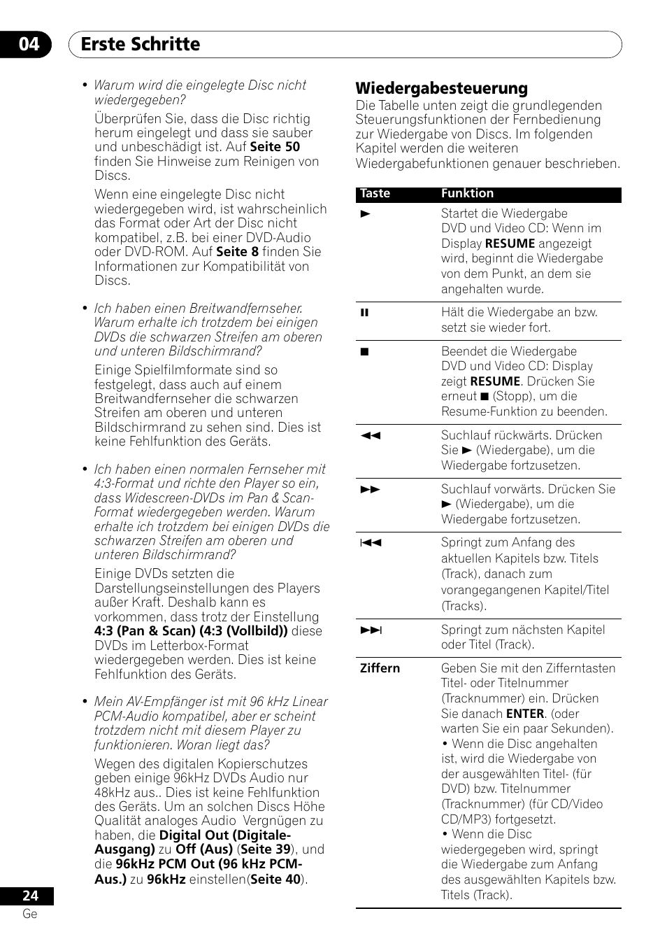 Wiedergabesteuerung, Erste schritte 04 | Pioneer DV-550 User Manual | Page 82 / 116