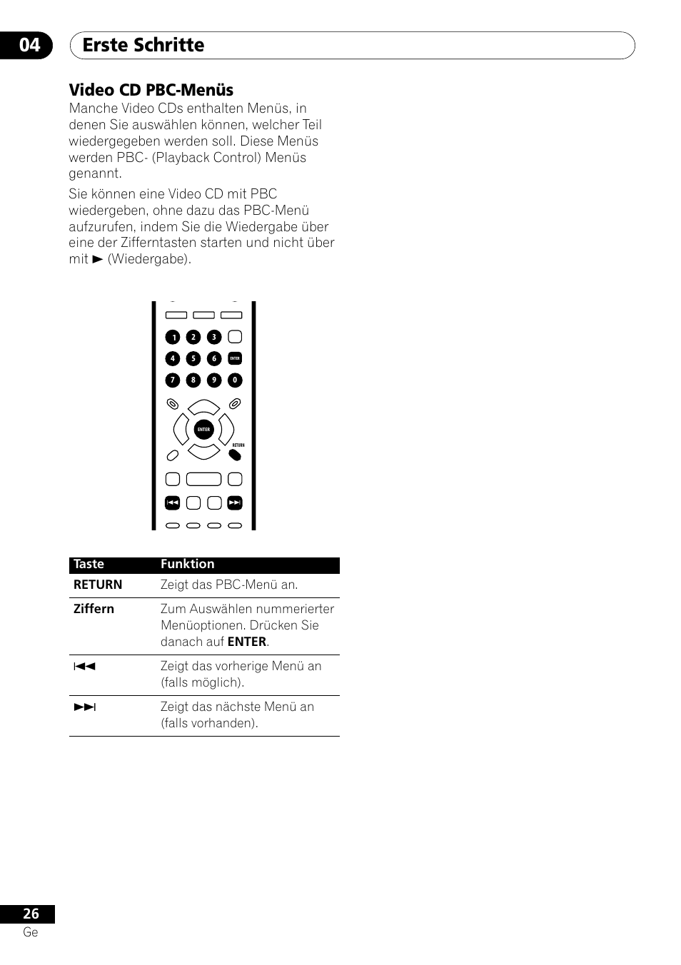 Video cd pbc-menüs, Erste schritte 04 | Pioneer DV-550 User Manual | Page 84 / 116
