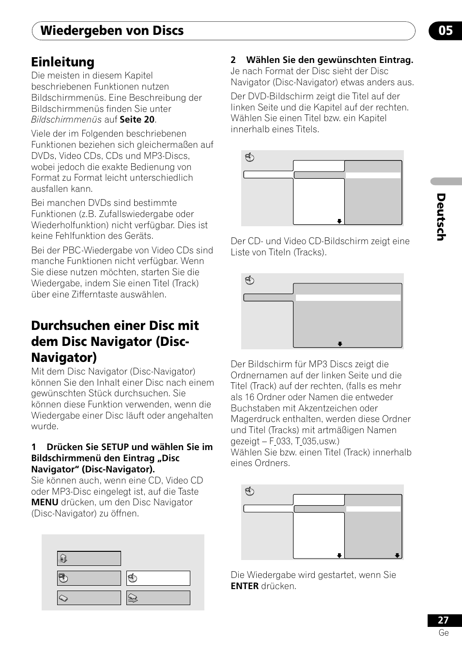 Wiedergeben von discs 05, Einleitung, Deutsch | Pioneer DV-550 User Manual | Page 85 / 116