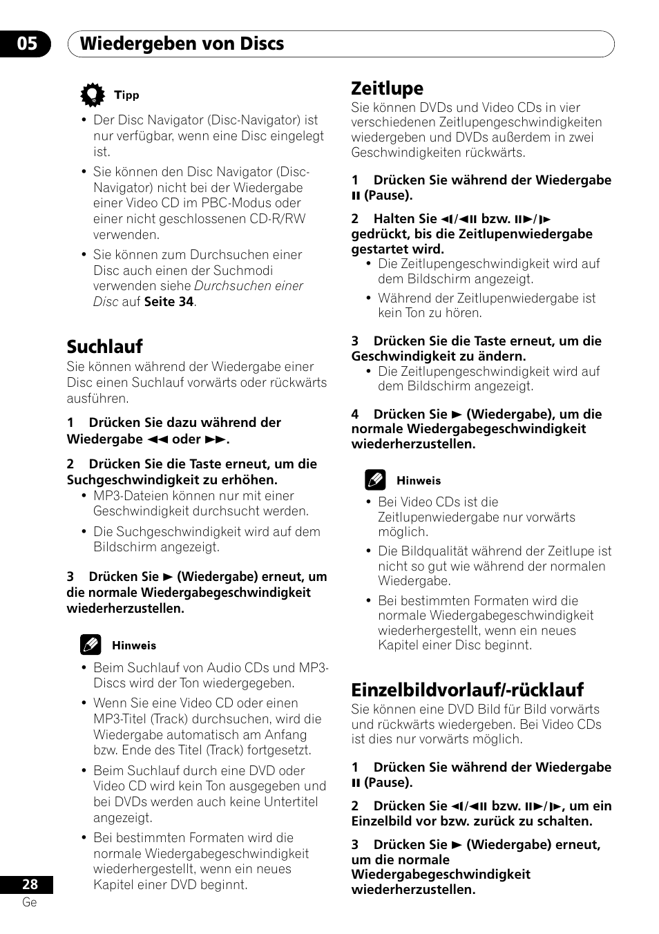 Suchlauf zeitlupe einzelbildvorlauf/-rücklauf, Wiedergeben von discs 05, Suchlauf | Zeitlupe, Einzelbildvorlauf/-rücklauf | Pioneer DV-550 User Manual | Page 86 / 116