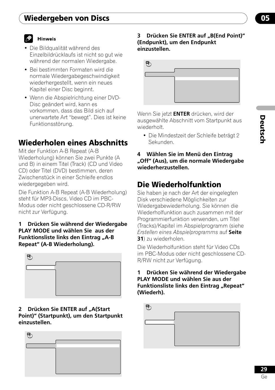 Wiederholen eines abschnitts die wiederholfunktion, Wiedergeben von discs 05, Wiederholen eines abschnitts | Die wiederholfunktion, Deutsch | Pioneer DV-550 User Manual | Page 87 / 116