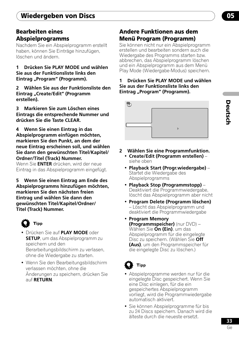 Wiedergeben von discs 05, Deutsch bearbeiten eines abspielprogramms, Andere funktionen aus dem menü program (programm) | Pioneer DV-550 User Manual | Page 91 / 116