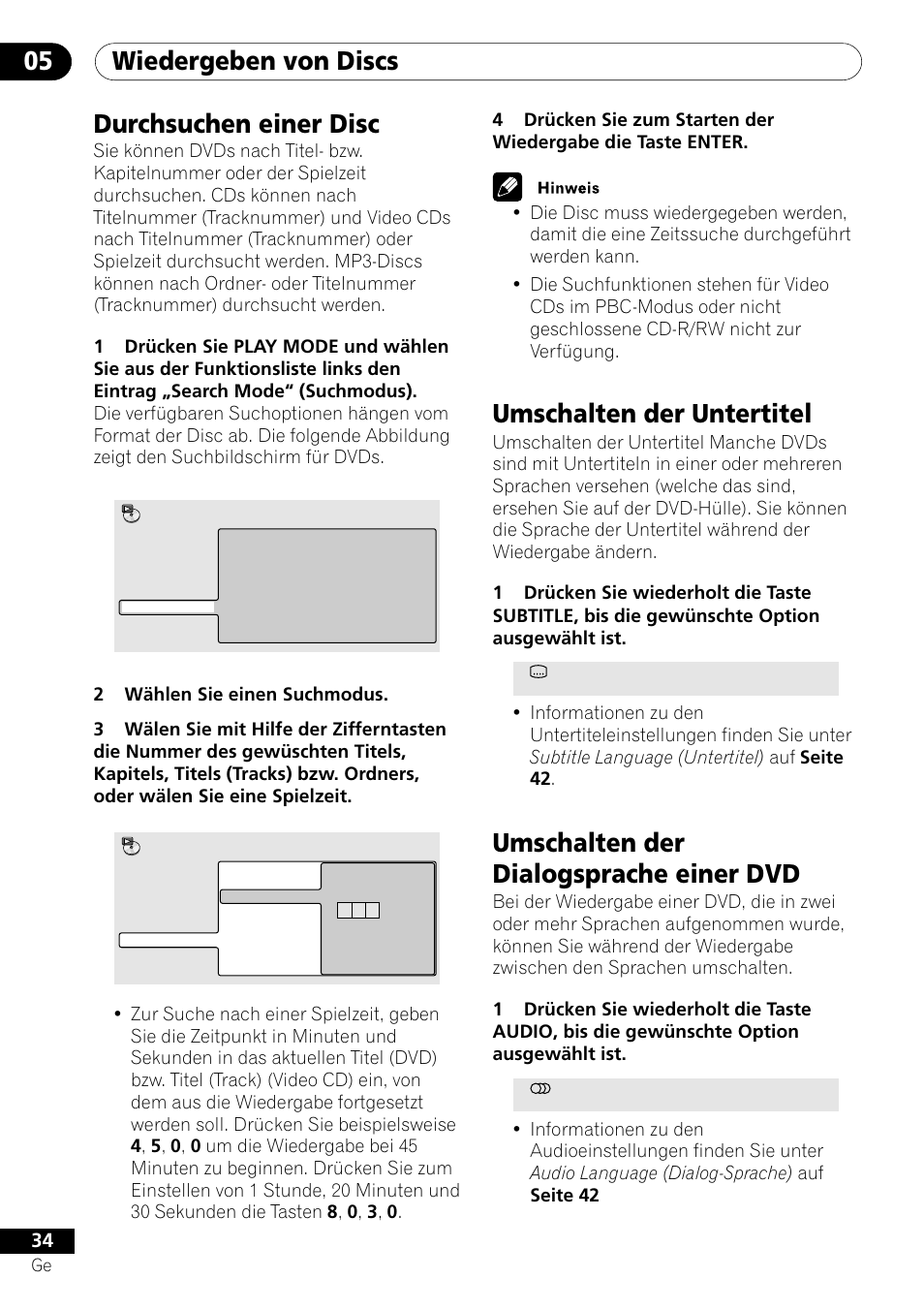 Wiedergeben von discs 05, Durchsuchen einer disc, Umschalten der untertitel | Umschalten der dialogsprache einer dvd | Pioneer DV-550 User Manual | Page 92 / 116
