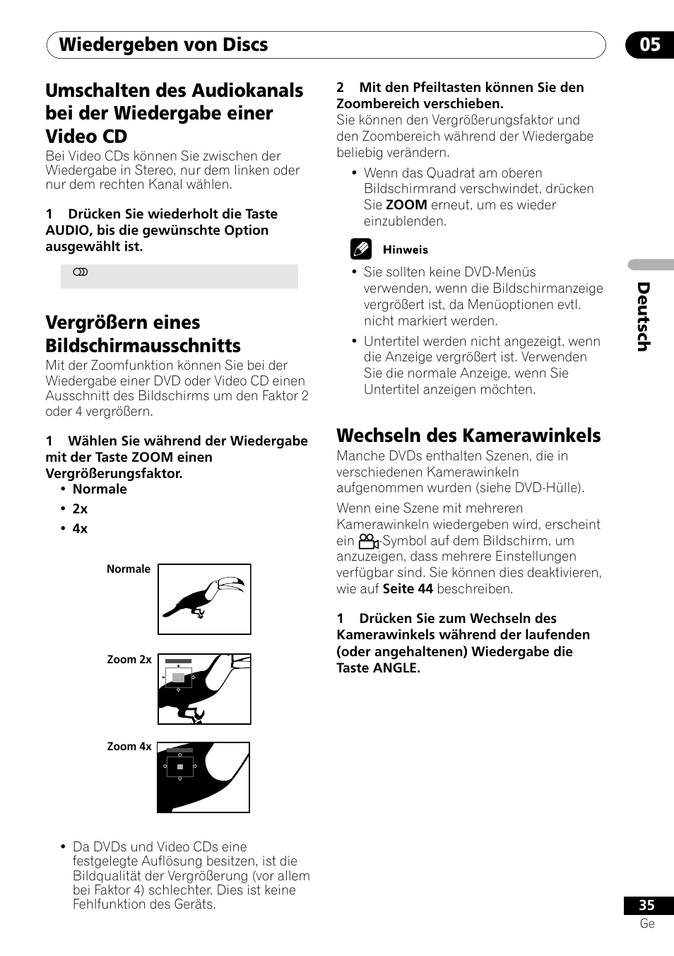 Wiedergeben von discs 05, Vergrößern eines bildschirmausschnitts, Wechseln des kamerawinkels | Deutsch | Pioneer DV-550 User Manual | Page 93 / 116