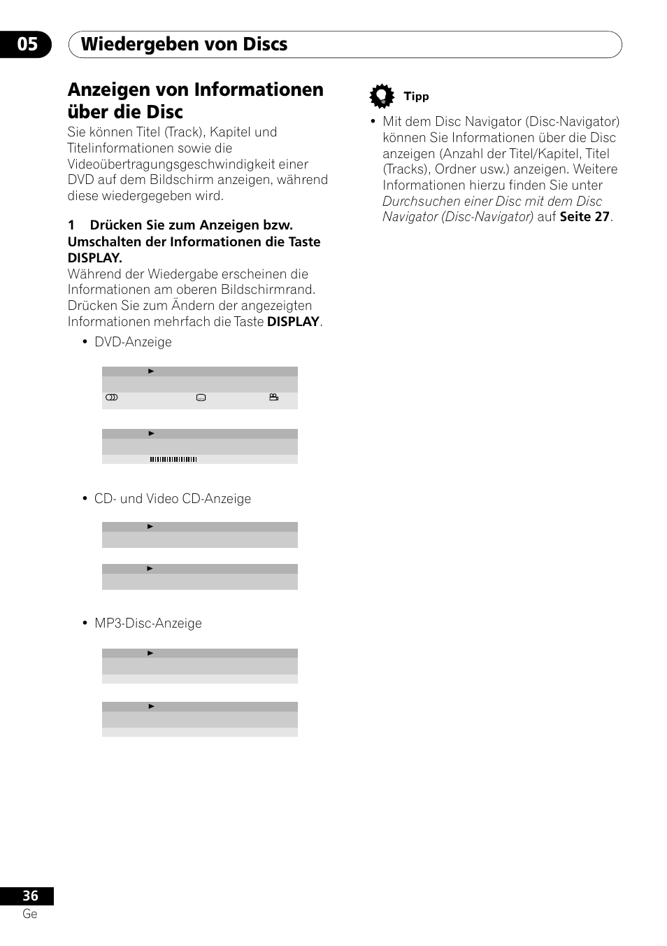 Anzeigen von informationen über die disc, Wiedergeben von discs 05, Cd- und video cd-anzeige | Mp3-disc-anzeige | Pioneer DV-550 User Manual | Page 94 / 116