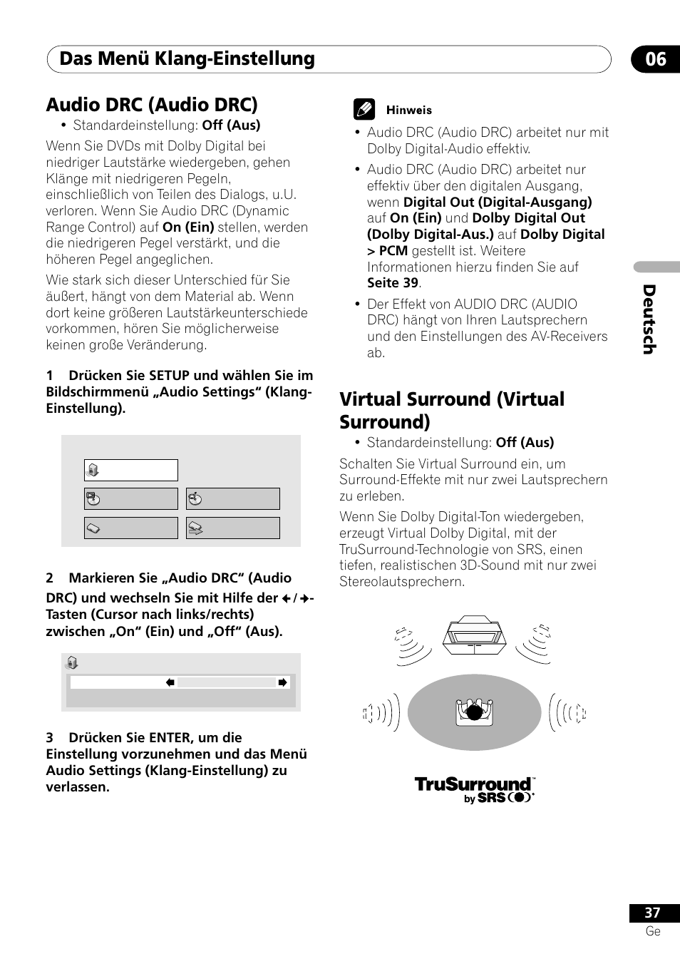 Das menü klang-einstellung 06, Audio drc (audio drc), Virtual surround (virtual surround) | Deutsch | Pioneer DV-550 User Manual | Page 95 / 116