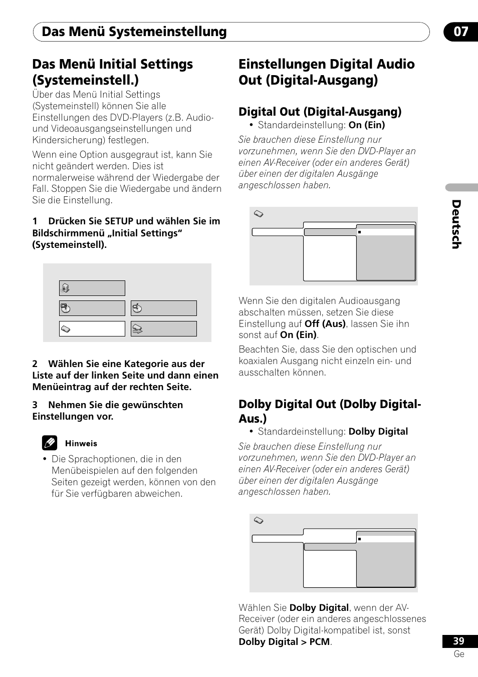 Das menü systemeinstellung 07, Das menü initial settings (systemeinstell.), Einstellungen digital audio out (digital-ausgang) | Deutsch, Digital out (digital-ausgang), Dolby digital out (dolby digital- aus.) | Pioneer DV-550 User Manual | Page 97 / 116