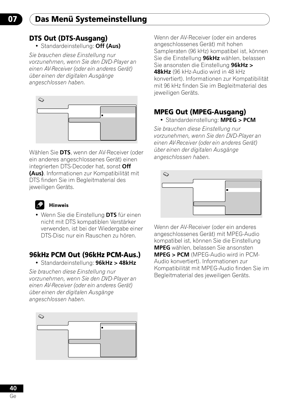 Das menü systemeinstellung 07, Dts out (dts-ausgang), 96khz pcm out (96khz pcm-aus.) | Mpeg out (mpeg-ausgang) | Pioneer DV-550 User Manual | Page 98 / 116