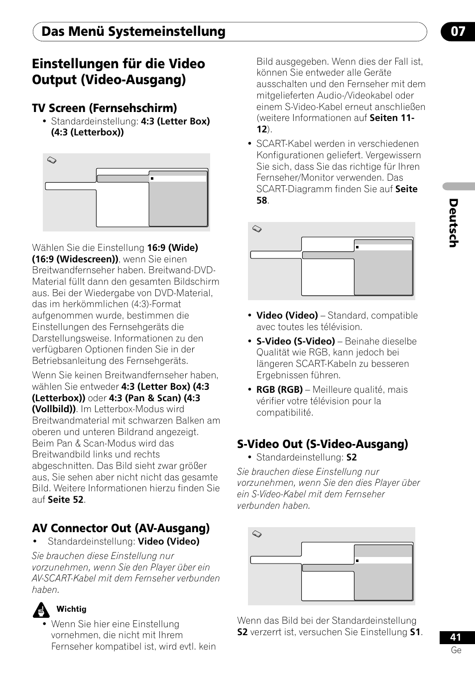 Einstellungen für die video output (video-ausgang), Das menü systemeinstellung 07, Deutsch | Tv screen (fernsehschirm), Av connector out (av-ausgang), S-video out (s-video-ausgang) | Pioneer DV-550 User Manual | Page 99 / 116