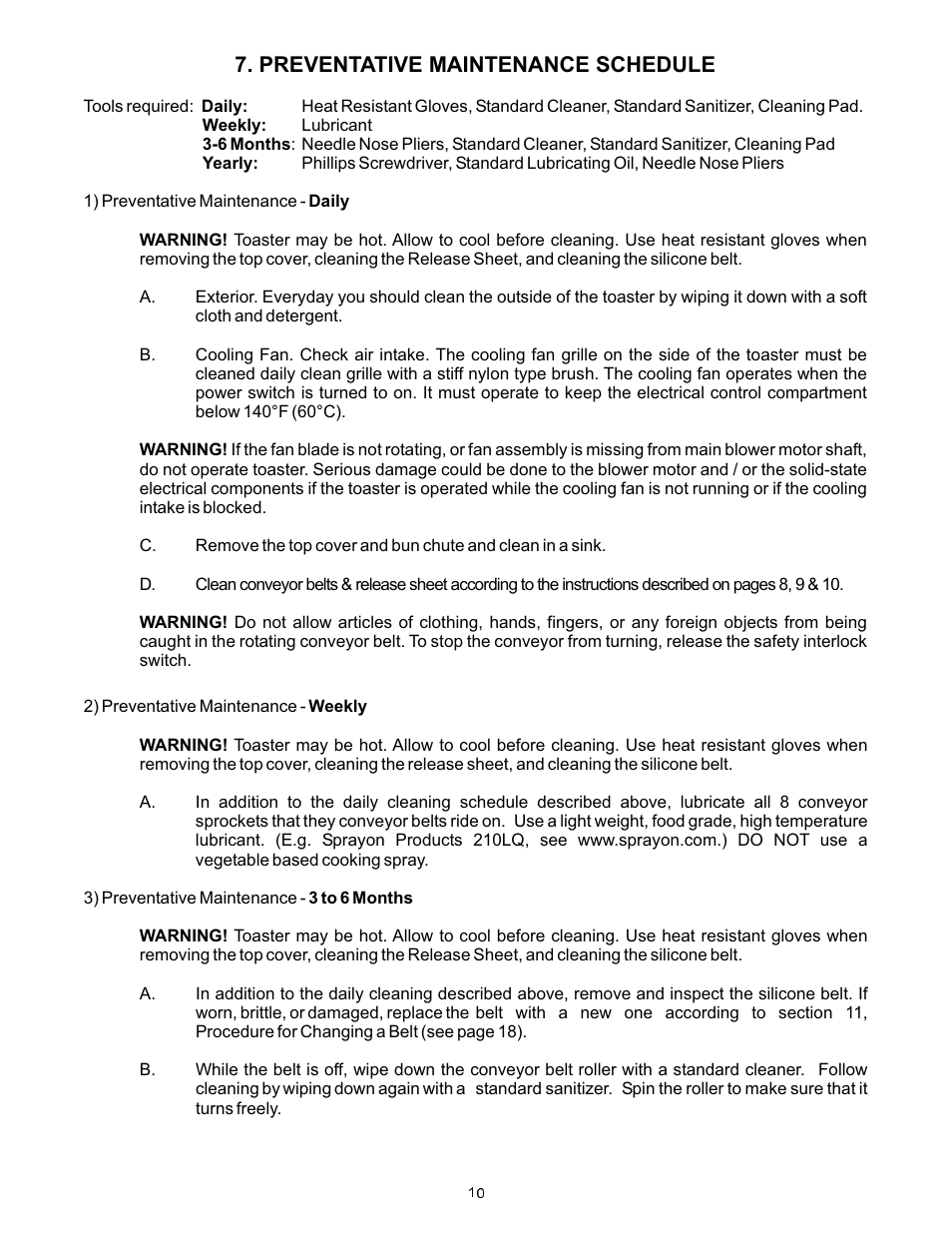 Preventative maintenance schedule | APW Wyott VSX User Manual | Page 10 / 20