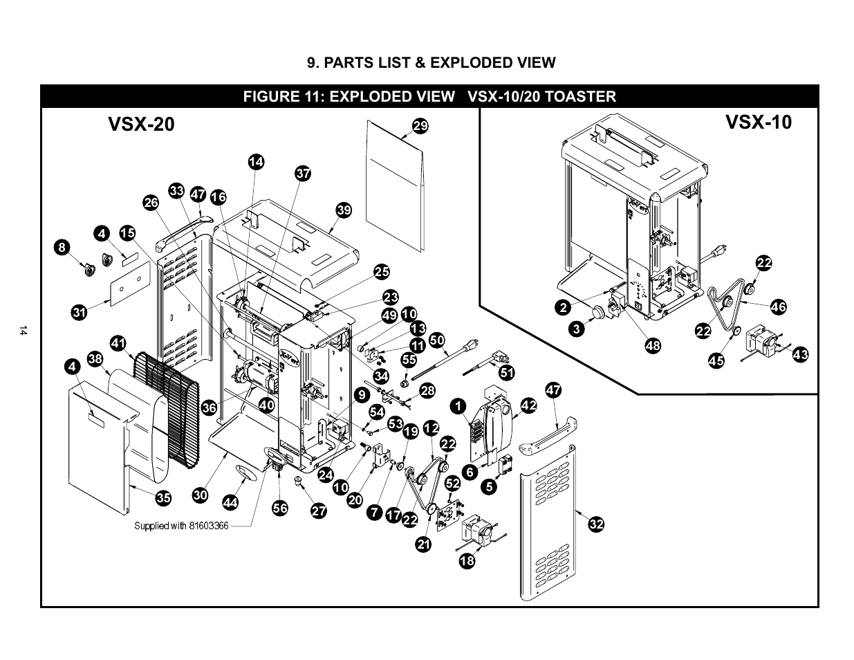 Vsx-20 vsx-10, Parts list & exploded view | APW Wyott VSX User Manual | Page 14 / 20