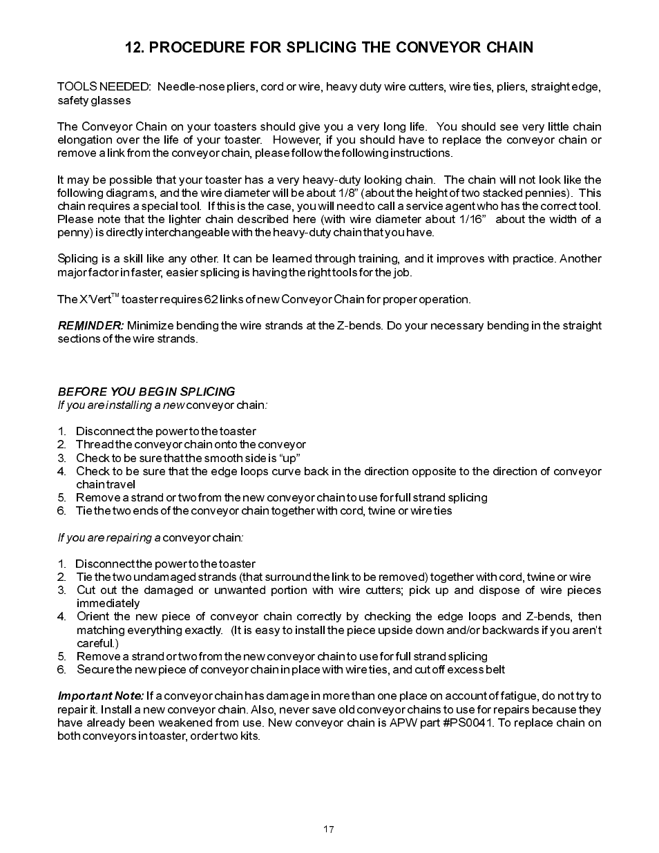 Procedure for splicing the conveyor chain | APW Wyott VSX User Manual | Page 17 / 20