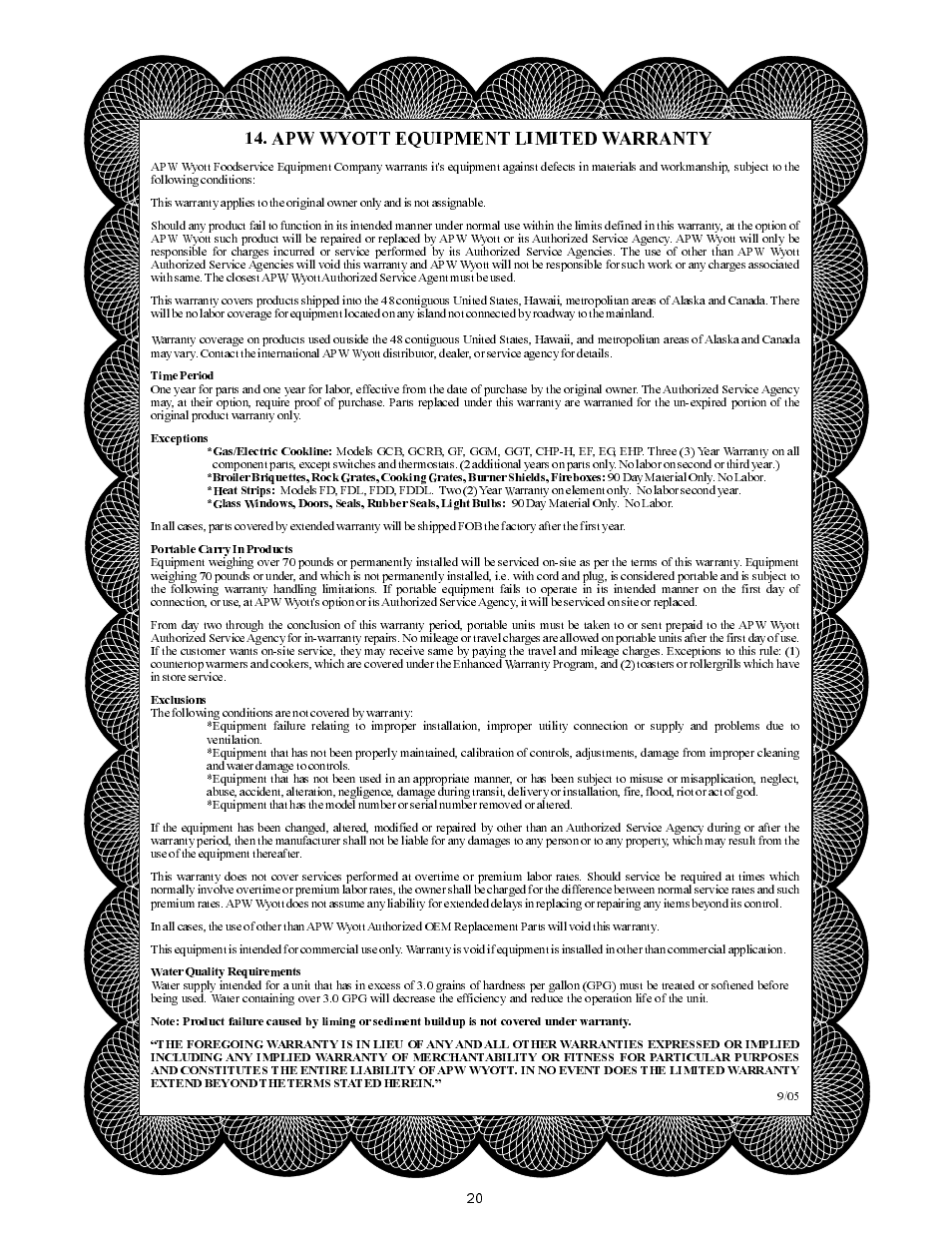 Apw wyott equipment limited warranty | APW Wyott VSX User Manual | Page 20 / 20