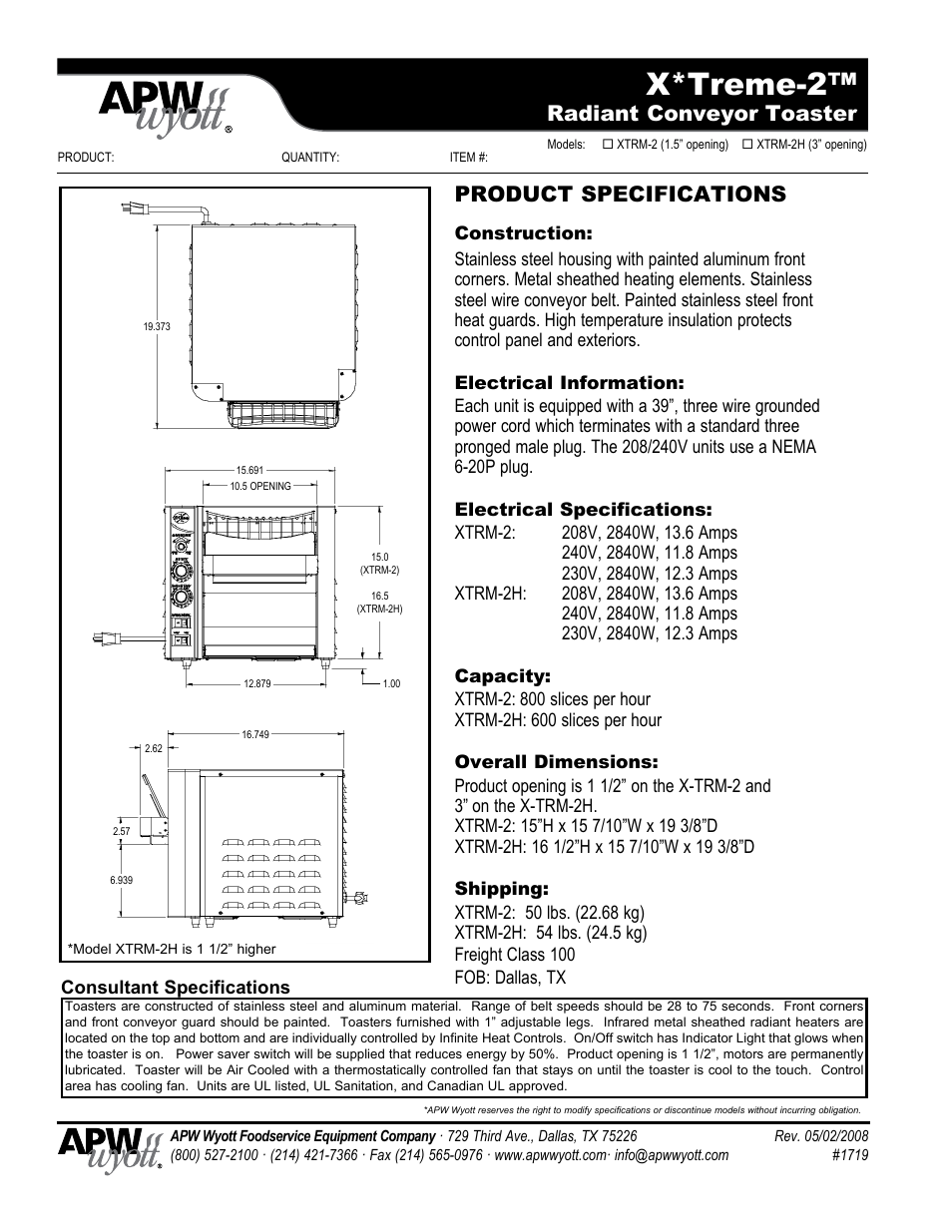 X*treme-2, Radiant conveyor toaster, Product specifications | APW Wyott X*Treme-2 User Manual | Page 2 / 2