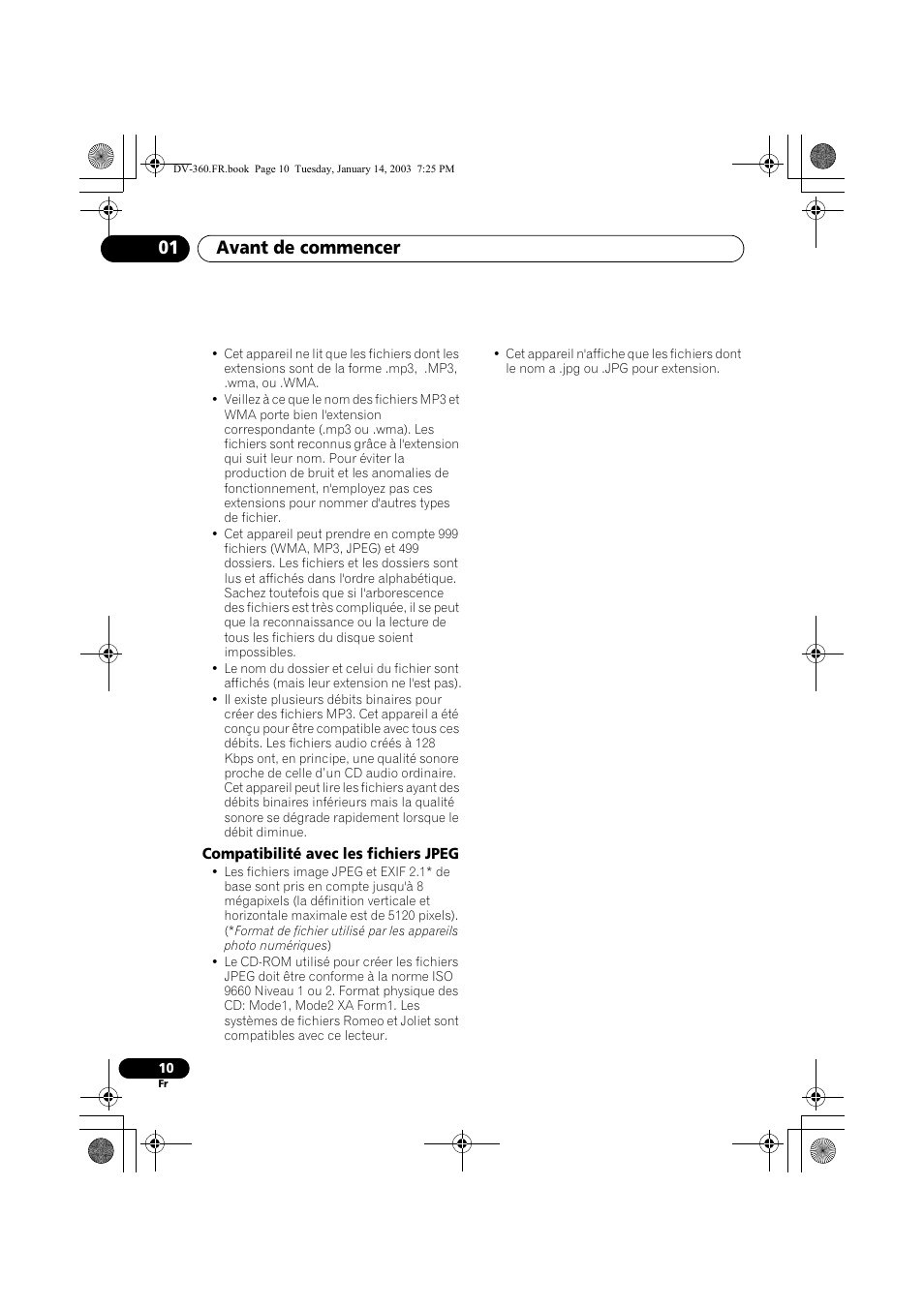 Compatibilité avec les fichiers jpeg, Avant de commencer 01 | Pioneer DV-2650-S User Manual | Page 10 / 128