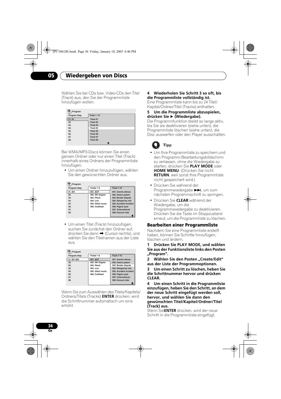 Bearbeiten einer programmliste, Wiedergeben von discs 05 | Pioneer DV-2650-S User Manual | Page 100 / 128