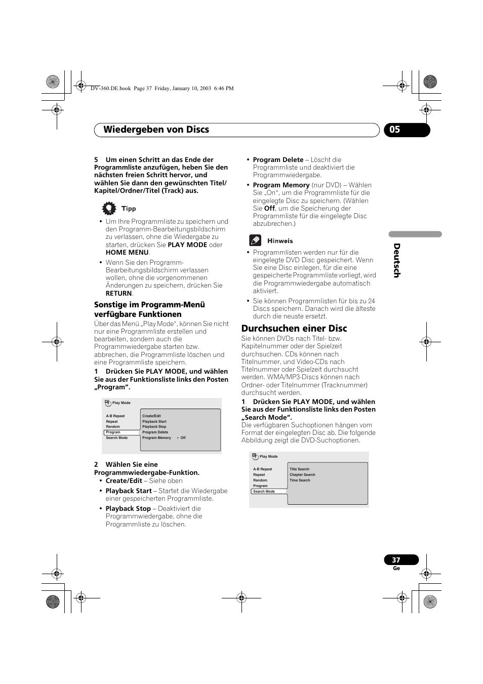 Sonstige im programm-menü verfügbare funktionen, Durchsuchen einer disc, Wiedergeben von discs 05 | Deutsch | Pioneer DV-2650-S User Manual | Page 101 / 128