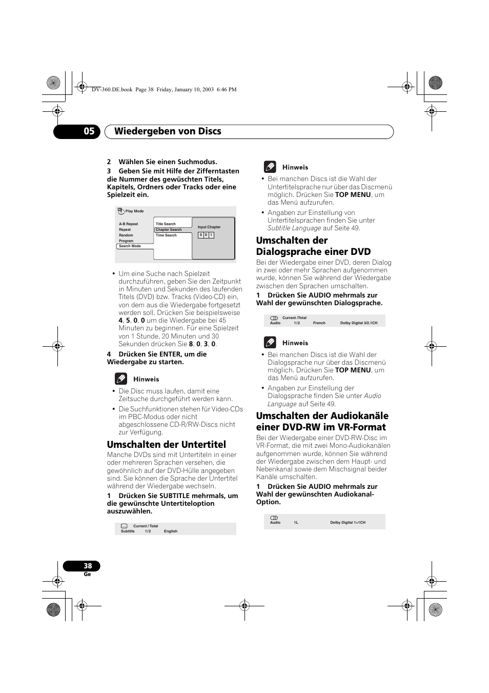 Umschalten der untertitel, Umschalten der dialogsprache einer dvd, Wiedergeben von discs 05 | Pioneer DV-2650-S User Manual | Page 102 / 128