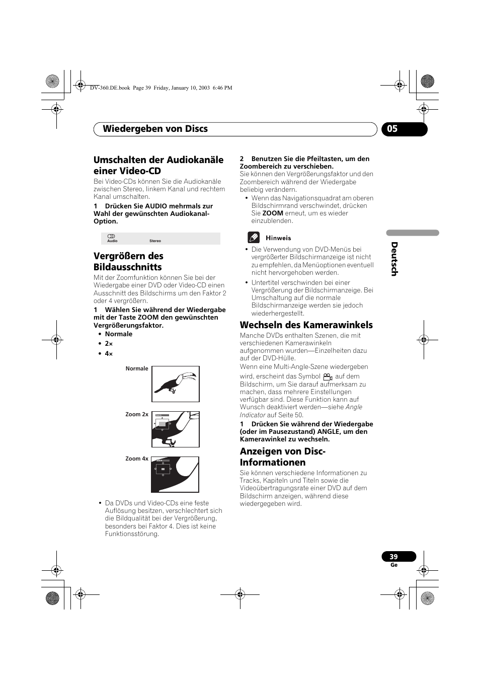 Umschalten der audiokanäle einer video-cd, Vergrößern des bildausschnitts, Wechseln des kamerawinkels | Anzeigen von disc-informationen, Wiedergeben von discs 05, Anzeigen von disc- informationen | Pioneer DV-2650-S User Manual | Page 103 / 128