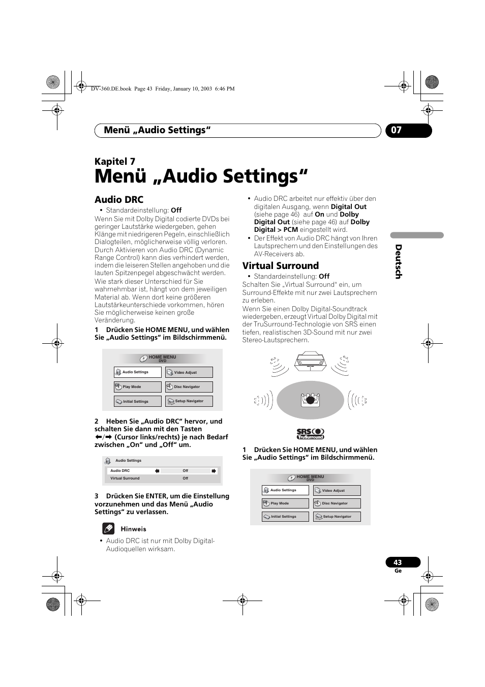 Audio drc, Virtual surround, Menü „audio settings | Menü „audio settings“ 07, Kapitel 7, Deutsch | Pioneer DV-2650-S User Manual | Page 107 / 128