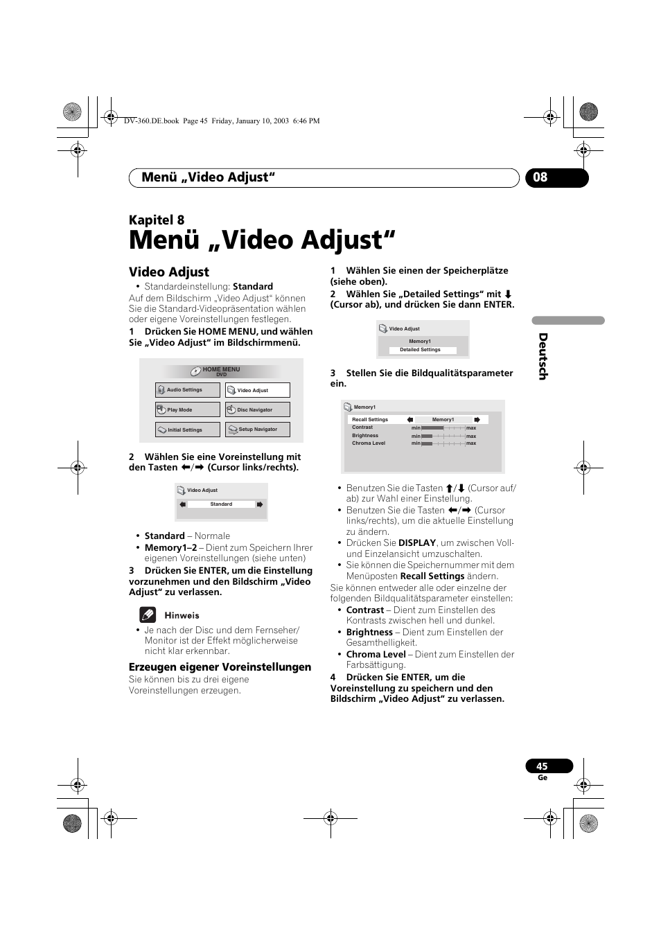 Video adjust, Erzeugen eigener voreinstellungen, Menü „video adjust | Menü „video adjust“ 08, Kapitel 8, Deutsch | Pioneer DV-2650-S User Manual | Page 109 / 128