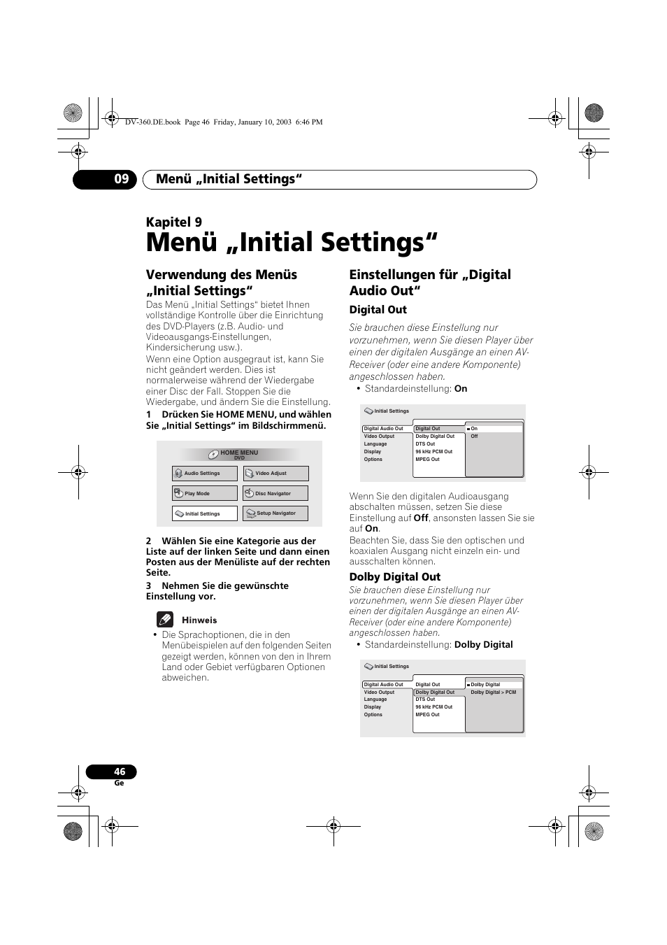 Verwendung des menüs „initial settings, Einstellungen für „digital audio out, Digital out | Dolby digital out, Menü „initial settings, Menü „initial settings“ 09, Kapitel 9 | Pioneer DV-2650-S User Manual | Page 110 / 128