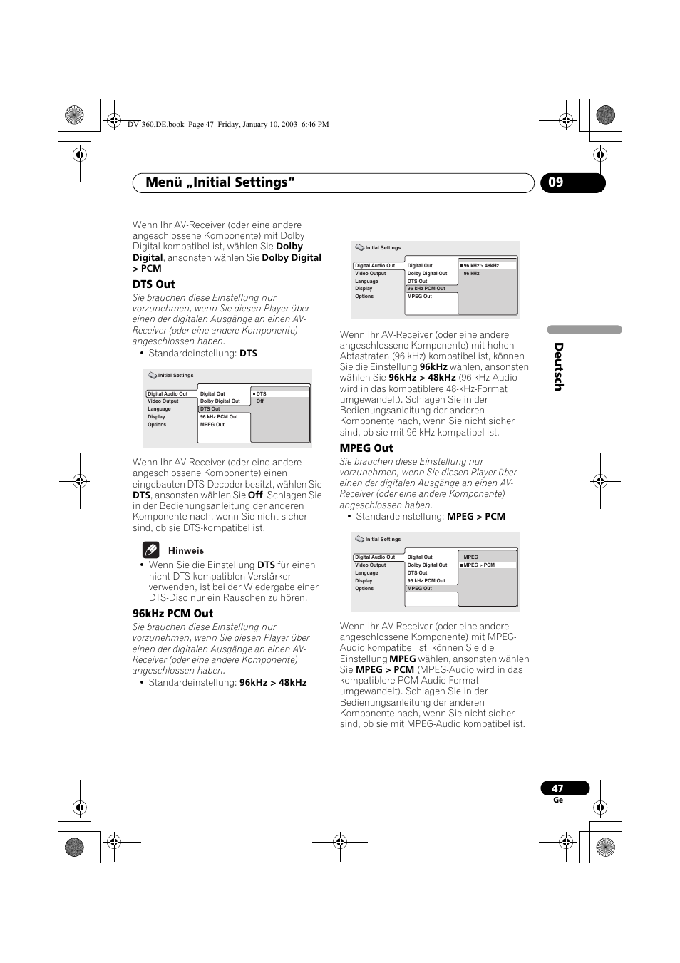 Dts out, 96khz pcm out, Mpeg out | Menü „initial settings“ 09, Deutsch | Pioneer DV-2650-S User Manual | Page 111 / 128