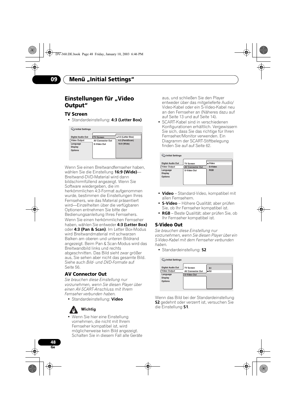 Einstellungen für „video output, Tv screen, Av connector out | S-video out, Menü „initial settings“ 09 | Pioneer DV-2650-S User Manual | Page 112 / 128