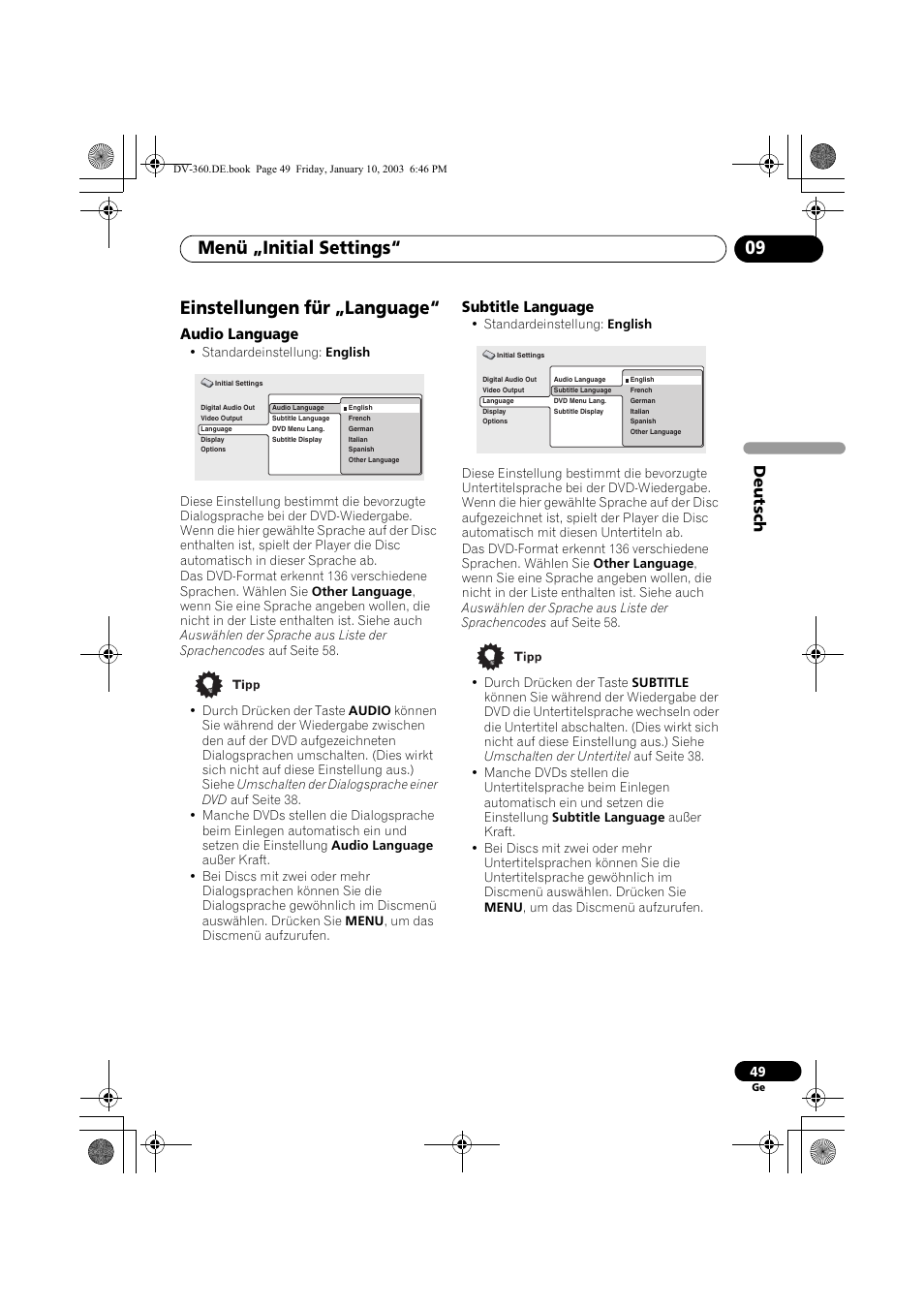 Einstellungen für „language, Audio language, Subtitle language | Menü „initial settings“ 09, Deutsch | Pioneer DV-2650-S User Manual | Page 113 / 128