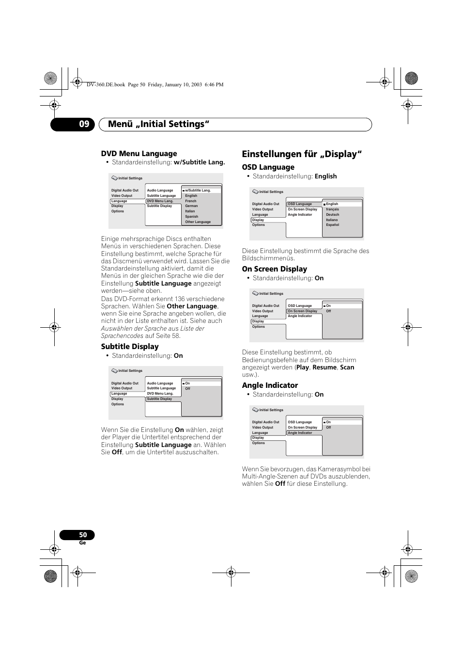 Dvd menu language, Subtitle display, Einstellungen für „display | Osd language, On screen display, Angle indicator, Menü „initial settings“ 09 | Pioneer DV-2650-S User Manual | Page 114 / 128