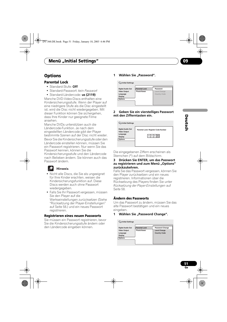 Options, Parental lock, Menü „initial settings“ 09 | Deutsch, Registrieren eines neuen passworts, Ändern des passworts | Pioneer DV-2650-S User Manual | Page 115 / 128