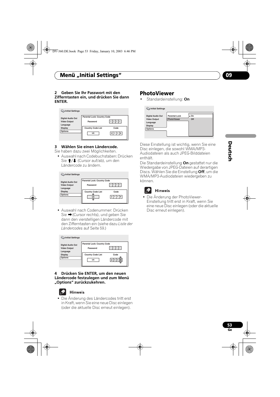 Photoviewer, Menü „initial settings“ 09, Deutsch | Pioneer DV-2650-S User Manual | Page 117 / 128