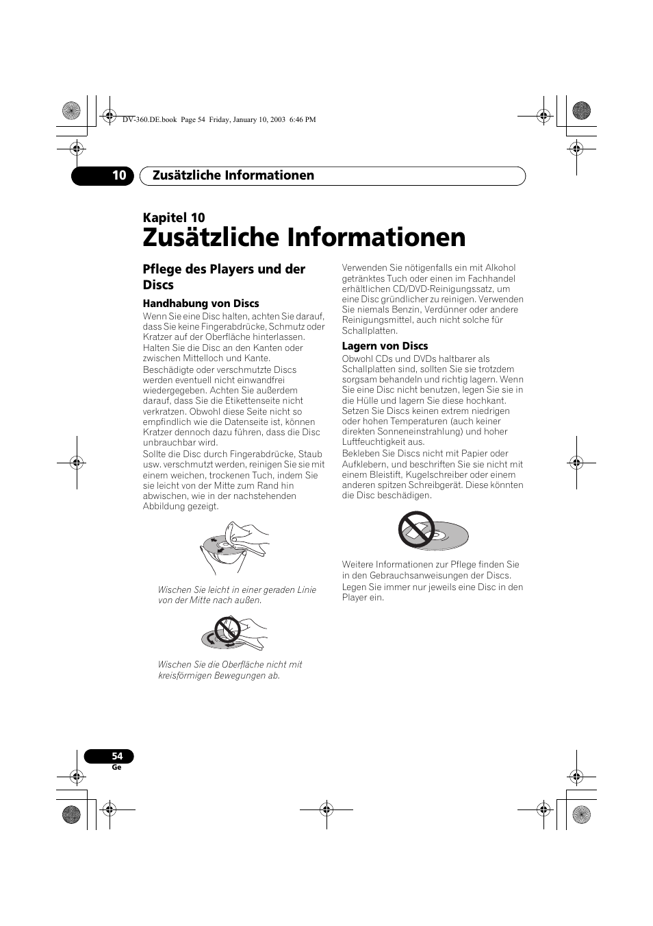 Pflege des players und der discs, Handhabung von discs, Lagern von discs | Zusätzliche informationen | Pioneer DV-2650-S User Manual | Page 118 / 128