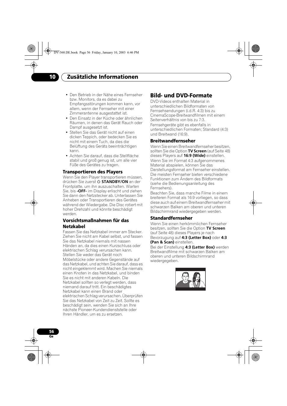 Transportieren des players, Vorsichtsmaßnahmen für das netzkabel, Bild- und dvd-formate | Breitwandfernseher, Standardfernseher, Zusätzliche informationen 10 | Pioneer DV-2650-S User Manual | Page 120 / 128