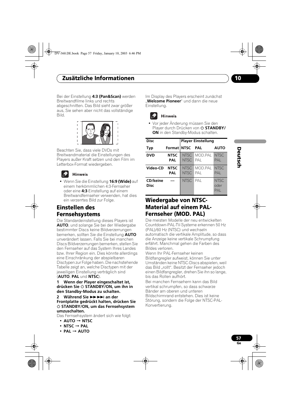 Einstellen des fernsehsystems, Zusätzliche informationen 10 | Pioneer DV-2650-S User Manual | Page 121 / 128