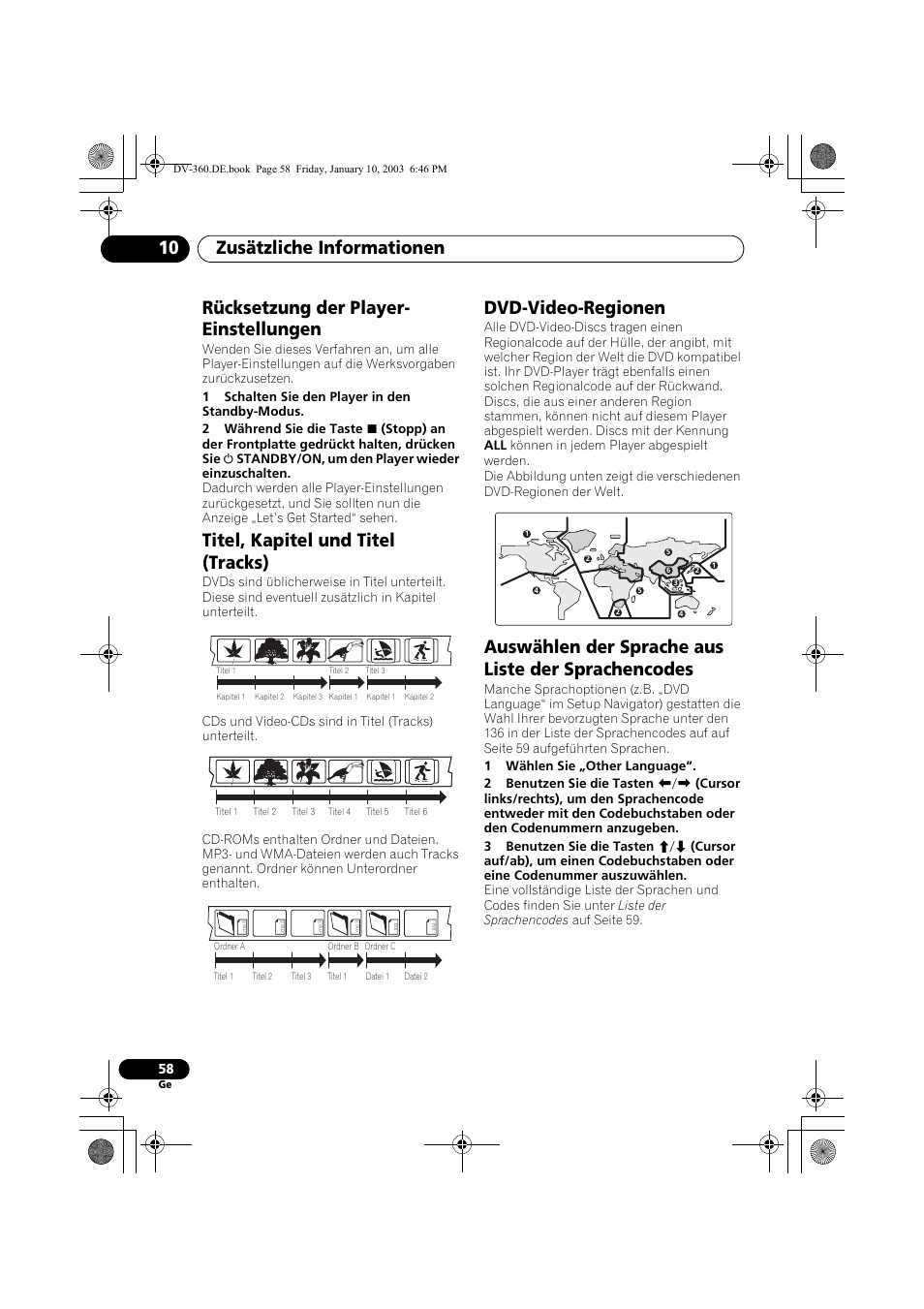 Rücksetzung der player-einstellungen, Titel, kapitel und titel (tracks), Dvd-video-regionen | Auswählen der sprache aus liste der sprachencodes, Zusätzliche informationen 10, Rücksetzung der player- einstellungen | Pioneer DV-2650-S User Manual | Page 122 / 128