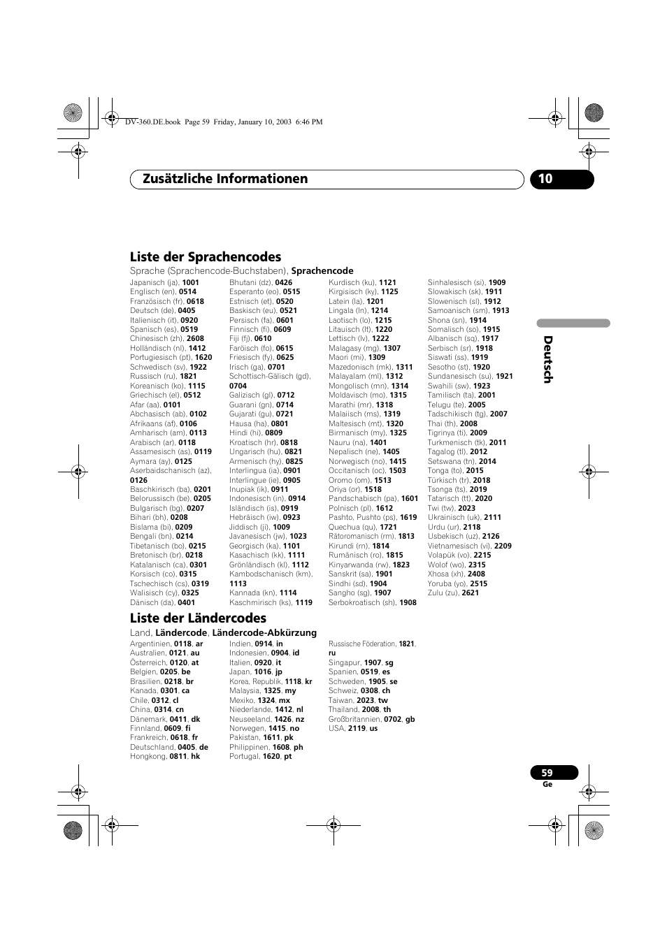 Liste der sprachencodes, Liste der ländercodes, Zusätzliche informationen 10 | Deutsch | Pioneer DV-2650-S User Manual | Page 123 / 128