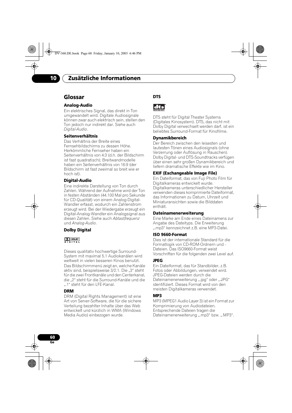 Glossar, Zusätzliche informationen 10 | Pioneer DV-2650-S User Manual | Page 124 / 128