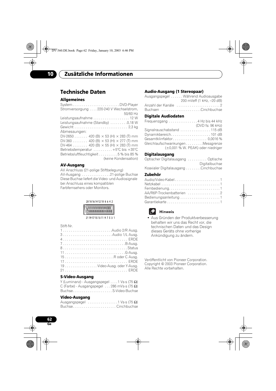 Technische daten, Zusätzliche informationen 10 | Pioneer DV-2650-S User Manual | Page 126 / 128