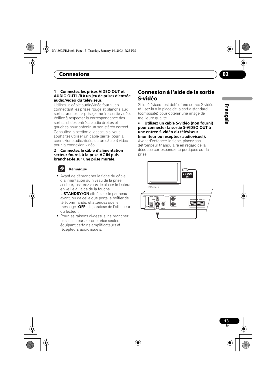Connexion à l’aide de la sortie s-vidéo, Connexions 02, Français | Pioneer DV-2650-S User Manual | Page 13 / 128