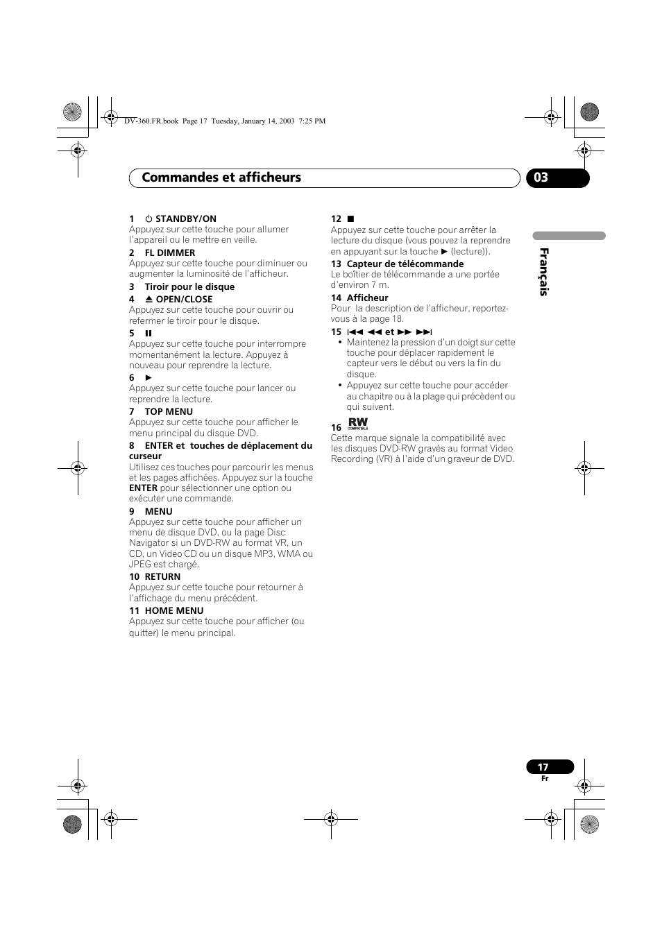 Commandes et afficheurs 03 | Pioneer DV-2650-S User Manual | Page 17 / 128