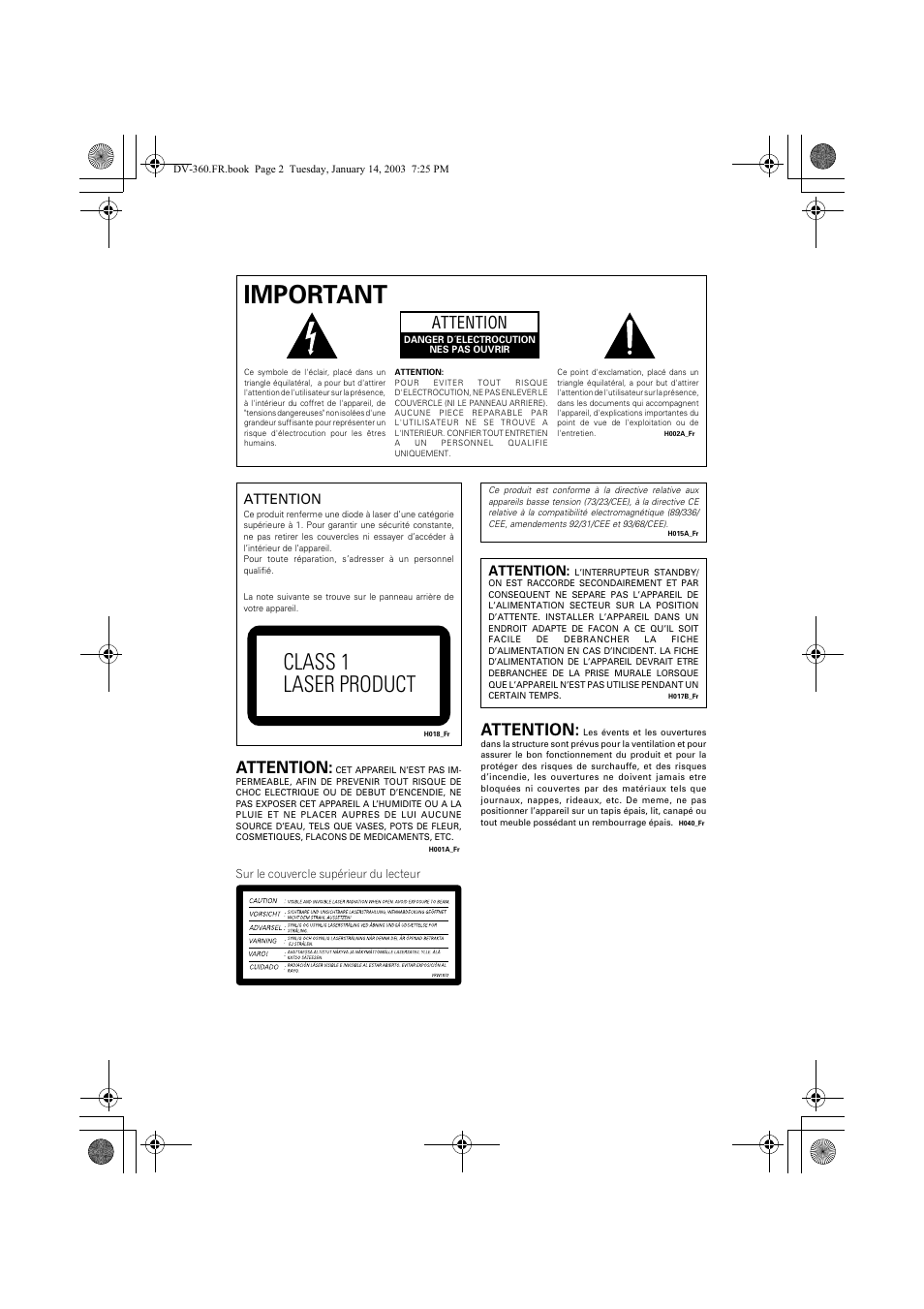 Important, Class 1 laser product, Attention | Pioneer DV-2650-S User Manual | Page 2 / 128