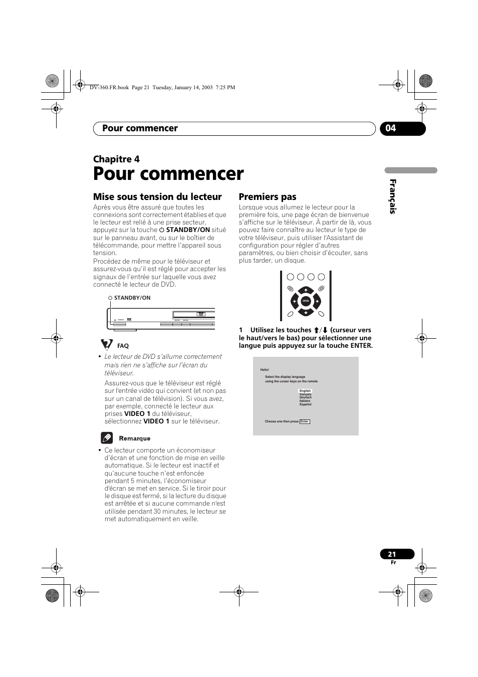 Mise sous tension du lecteur, Premiers pas, Pour commencer | Pour commencer 04, Chapitre 4, Français | Pioneer DV-2650-S User Manual | Page 21 / 128