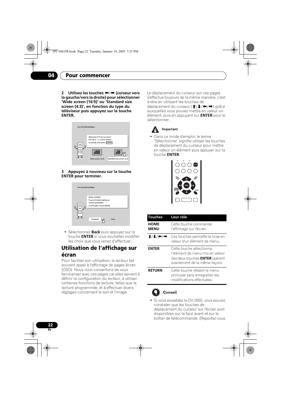 Utilisation de l'affichage sur écran, Pour commencer 04 | Pioneer DV-2650-S User Manual | Page 22 / 128