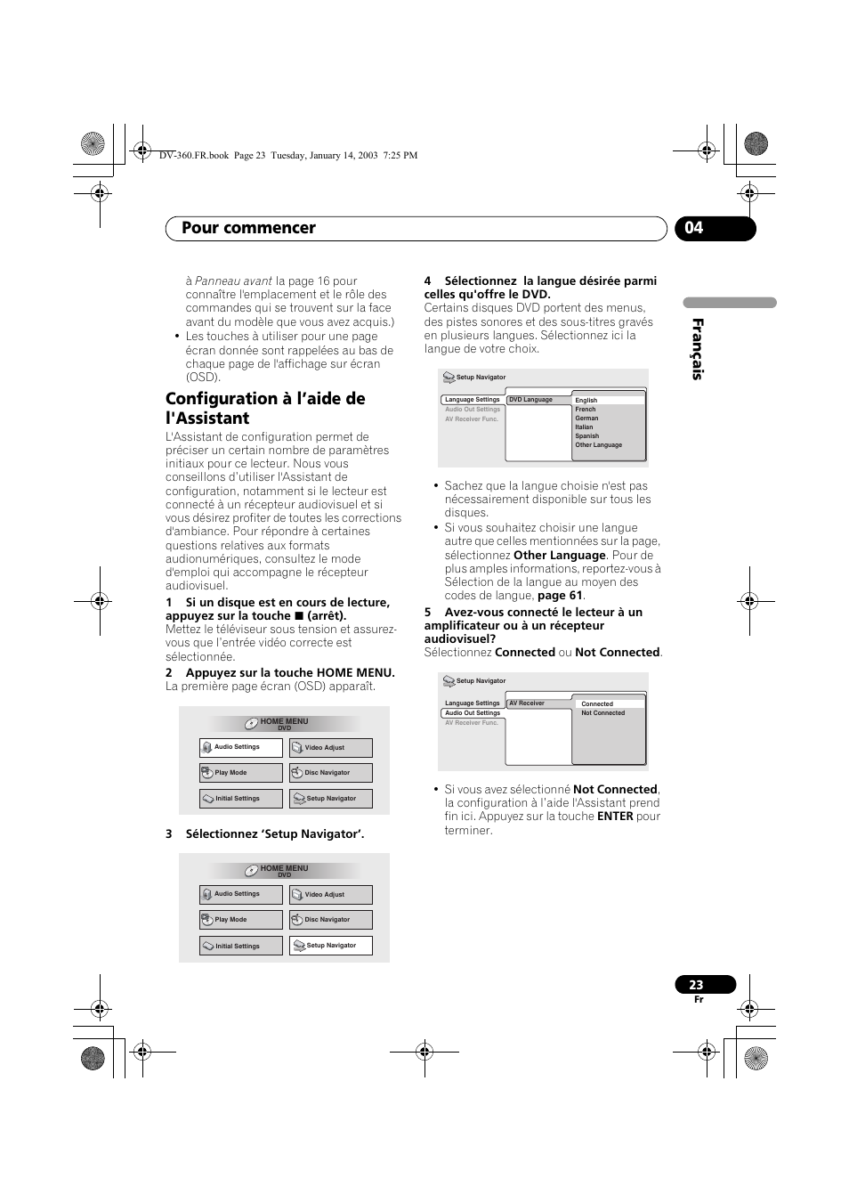 Configuration à l’aide de l'assistant, Pour commencer 04, Français | Pioneer DV-2650-S User Manual | Page 23 / 128